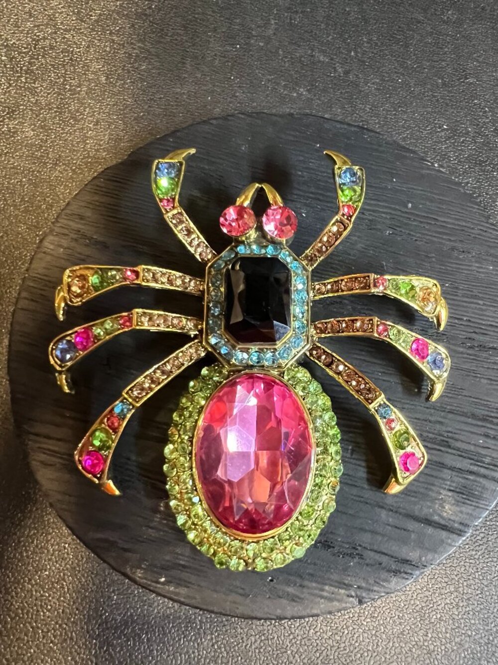 Gorgeous Large Spider Brooch, Glass, Goldtone